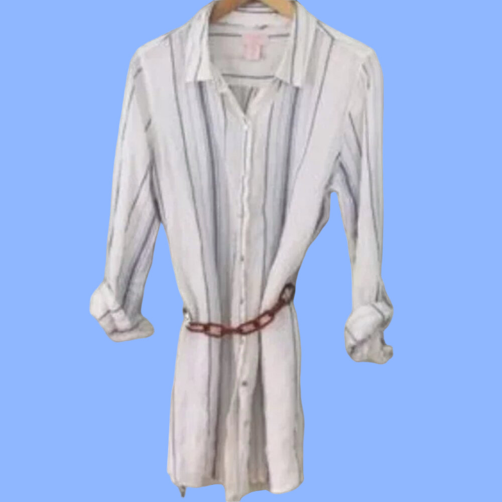 ☀️ St. Tropez White Striped Linen Button Down Tunic